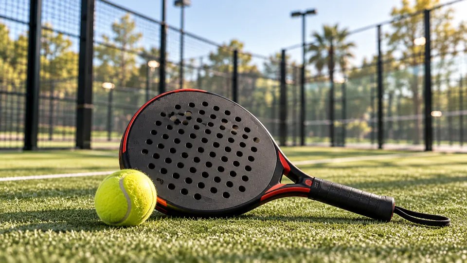 Raquette et balle sur un terrain de padel