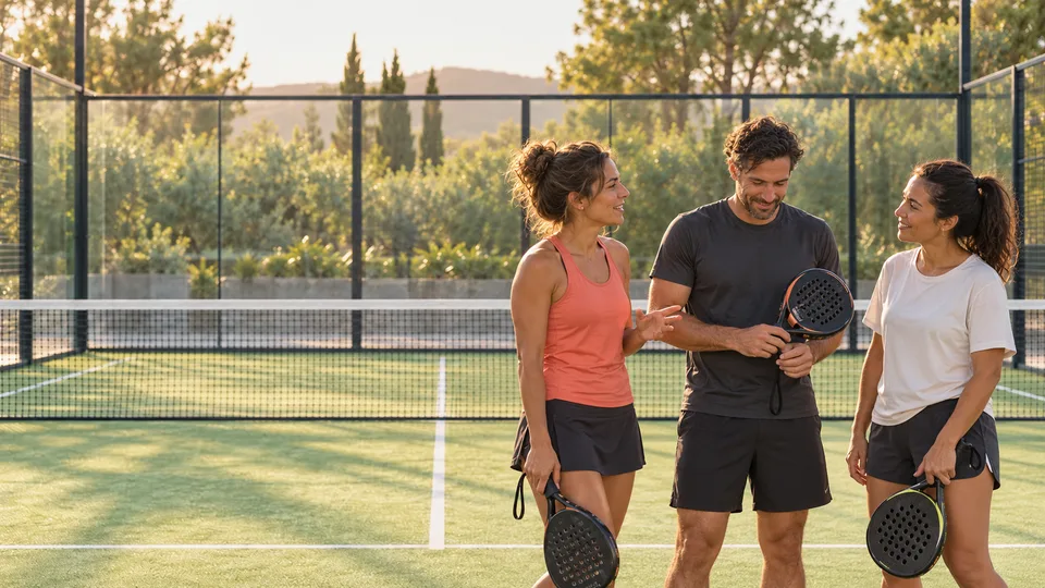 Des partenaires de padel échangent dans leur centre sportif